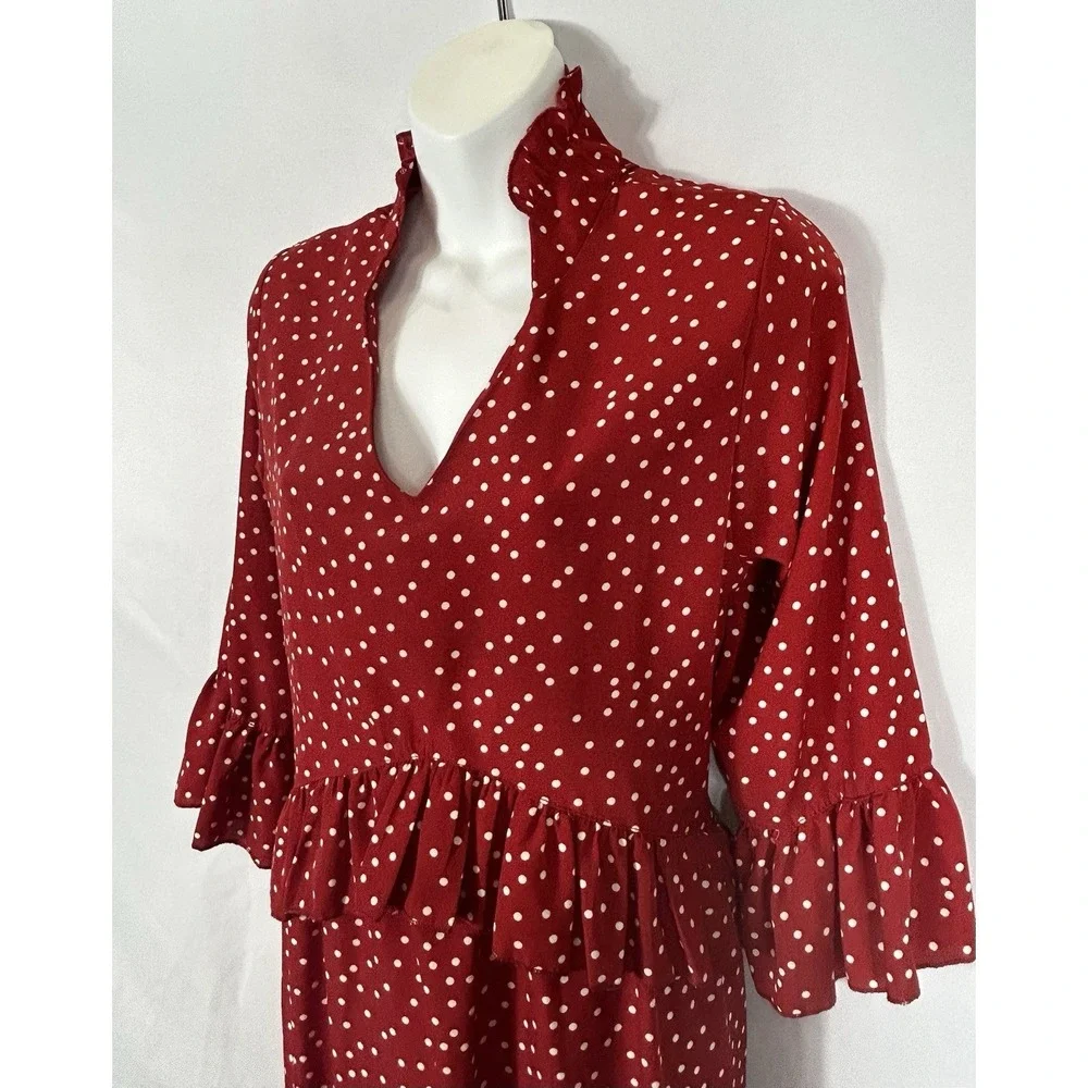 Unbranded Red Polka Dot Ruffle Tiered Dress Size‎ L Plunge Collar Twee Secretary - Picture 2 of 10